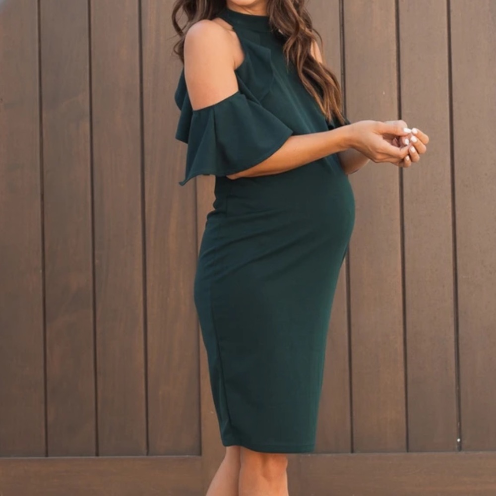 PinkBlush Cold Shoulder Ruffle Detail High Neck Fitted Maternity Dress